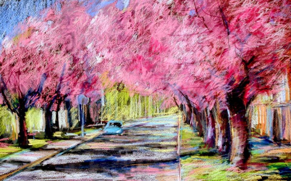 nagykanizsa japán cseresznye tavasz utca festmény